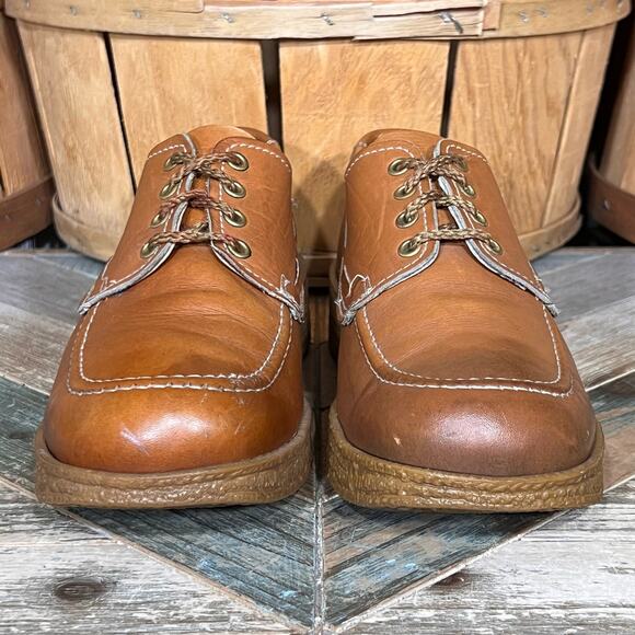 Knapp Shoes Tan Leather 4-Eye Vintage USA 70s Platform Crepe Oxfords Mens 9.5 D main image 11